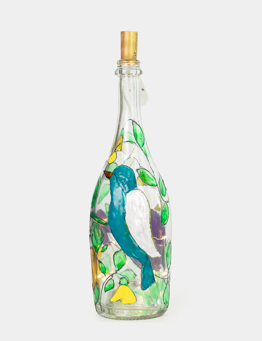 Lámpara Botella reciclada: Pájaro Azul Flores amarillas